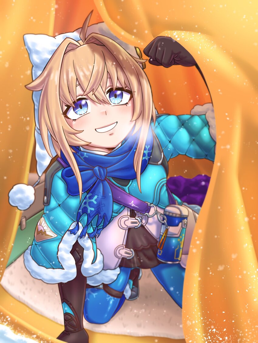 1girl blonde_hair blue_eyes blue_scarf hat highres honkai:_star_rail honkai_(series) light_blush lynx_landau scarf smile snow snowing solo solo_focus spriggantweet tent