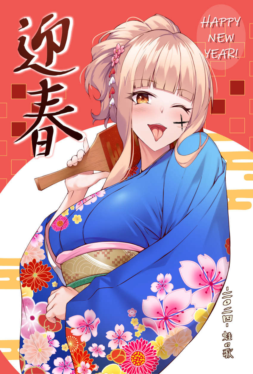 1girl ;p blue_kimono blush breasts brown_eyes commentary_request egasumi floral_print flower hagoita hair_flower hair_ornament hand_up happy_new_year highres holding japanese_clothes kaeru_no_uta kimono light_brown_hair long_sleeves looking_at_viewer medium_breasts new_year obi one_eye_closed open_mouth original paddle pink_flower ponytail print_kimono red_background sash sleeves_past_wrists solo tongue tongue_out translation_request two-tone_background upper_body white_background wide_sleeves