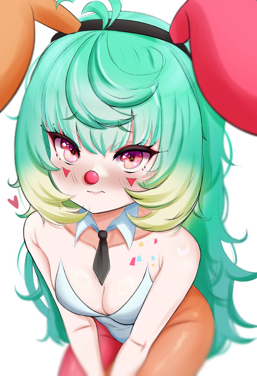 1girl animal_ears asymmetrical_legwear bare_shoulders black_necktie blonde_hair blush boosauce03 breasts cleavage clown_nose collar confetti coni_confetti detached_collar facial_mark fake_animal_ears gradient_hair green_hair heart highleg highleg_leotard highres chromashift leaning_forward leotard long_hair looking_at_viewer multicolored_hair necktie nose_blush orange_pantyhose pantyhose pink_eyes playboy_bunny purple_eyes rabbit_ears red_pantyhose simple_background small_breasts solo strapless strapless_leotard triangle triangle_facial_mark v_arms very_long_hair virtual_youtuber white_background white_collar white_leotard wing_collar