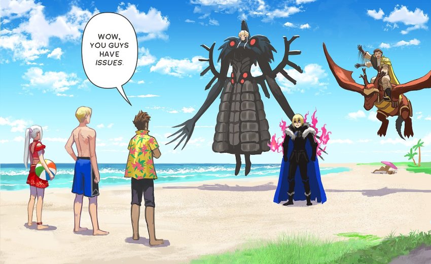 1girl 2boys alternate_costume beach bikini black_male_swimwear black_swim_trunks blonde_hair blouse blue_cape blue_male_swimwear blue_sky blue_swim_trunks brown_hair cape claude_von_riegan claude_von_riegan_(timeskip) dimitri_alexandre_blaiddyd dimitri_alexandre_blaiddyd_(timeskip) dragon edelgard_von_hresvelg edelgard_von_hresvelg_(hegemon_husk) edelgard_von_hresvelg_(timeskip) english_text fire fire_emblem fire_emblem:_three_houses fire_emblem_heroes floating flying hawaiian_shirt male_swimwear multicolored_male_swimwear multicolored_swim_trunks multiple_boys nintendo ocean palm_tree ponytail purple_fire red_bikini shirt shorts sky speech_bubble swim_trunks swimsuit time_paradox topless_male transformation tree vetsa white_hair wyvern yellow_cape yellow_shirt