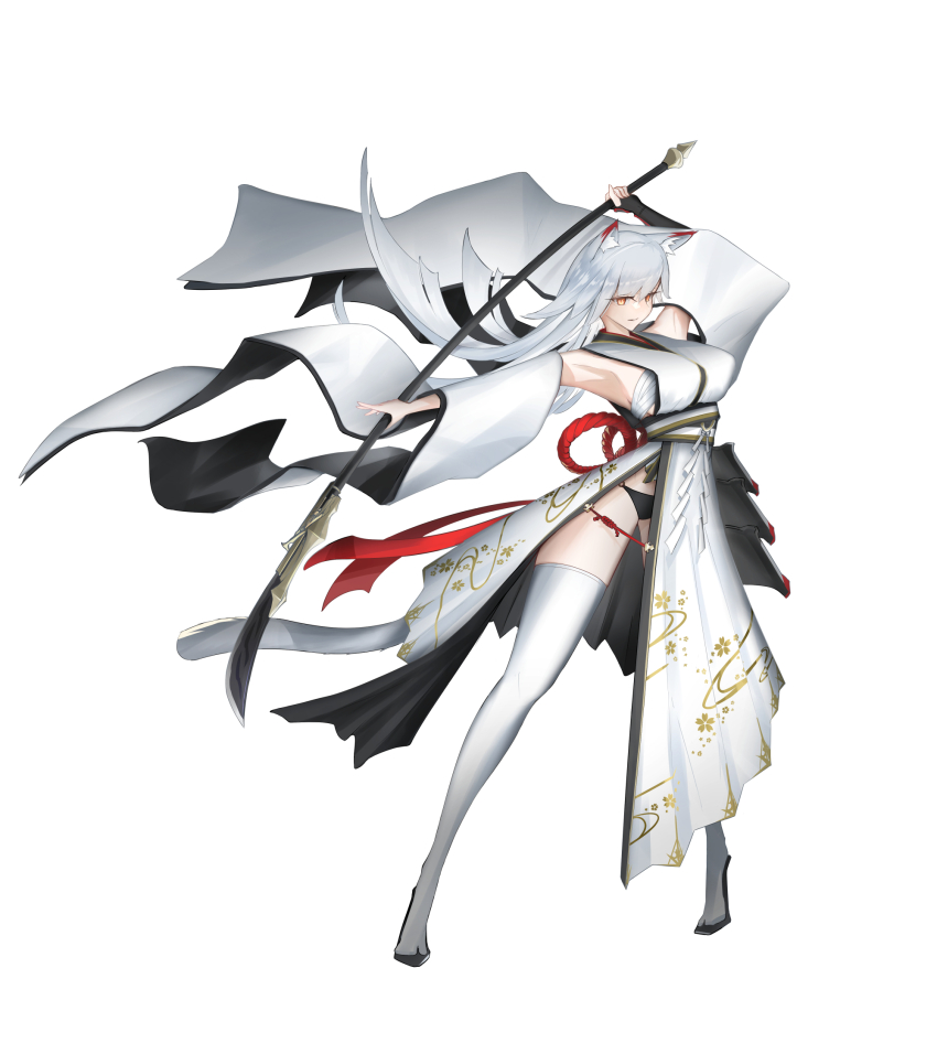 1girl alternate_costume animal_ears azur_lane black_panties cat_ears cat_girl cat_tail chest_sarashi commentary_request detached_sleeves full_body highres holding holding_polearm holding_weapon hyuuga_(azur_lane) long_sleeves panties pantyshot pelvic_curtain polearm ryosuke1225 sarashi solo tail thighhighs underwear weapon white_hair white_tail white_thighhighs wide_sleeves