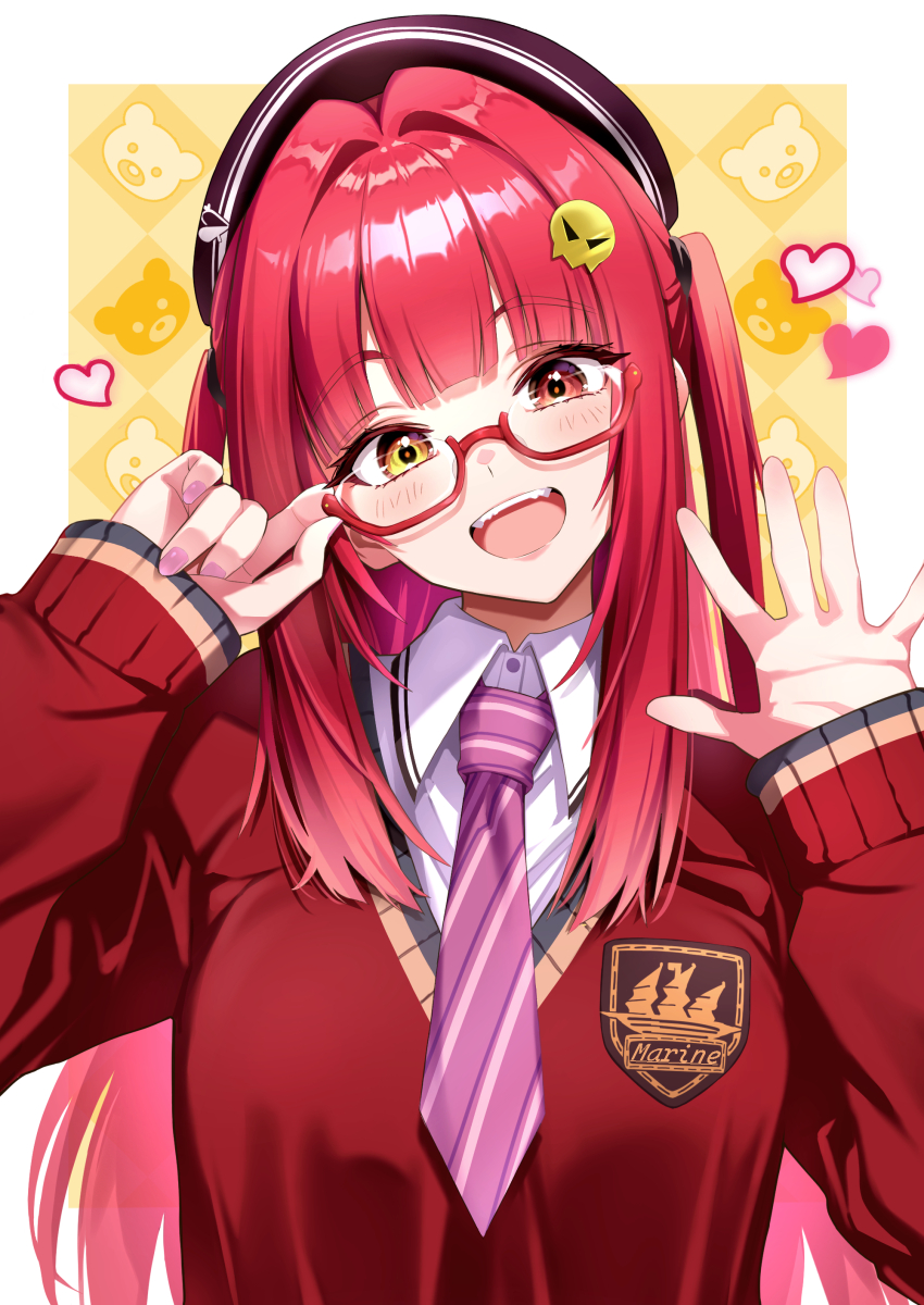 1girl absurdres alternate_costume beret black_hat cardigan collared_shirt glasses hair_ornament hat heart heterochromia highres hololive houshou_marine long_hair looking_at_viewer neji_mawashi3 red-framed_eyewear red_cardigan red_eyes red_hair shirt skull_hair_ornament smile solo teeth twintails upper_teeth_only very_long_hair virtual_youtuber white_shirt yellow_eyes