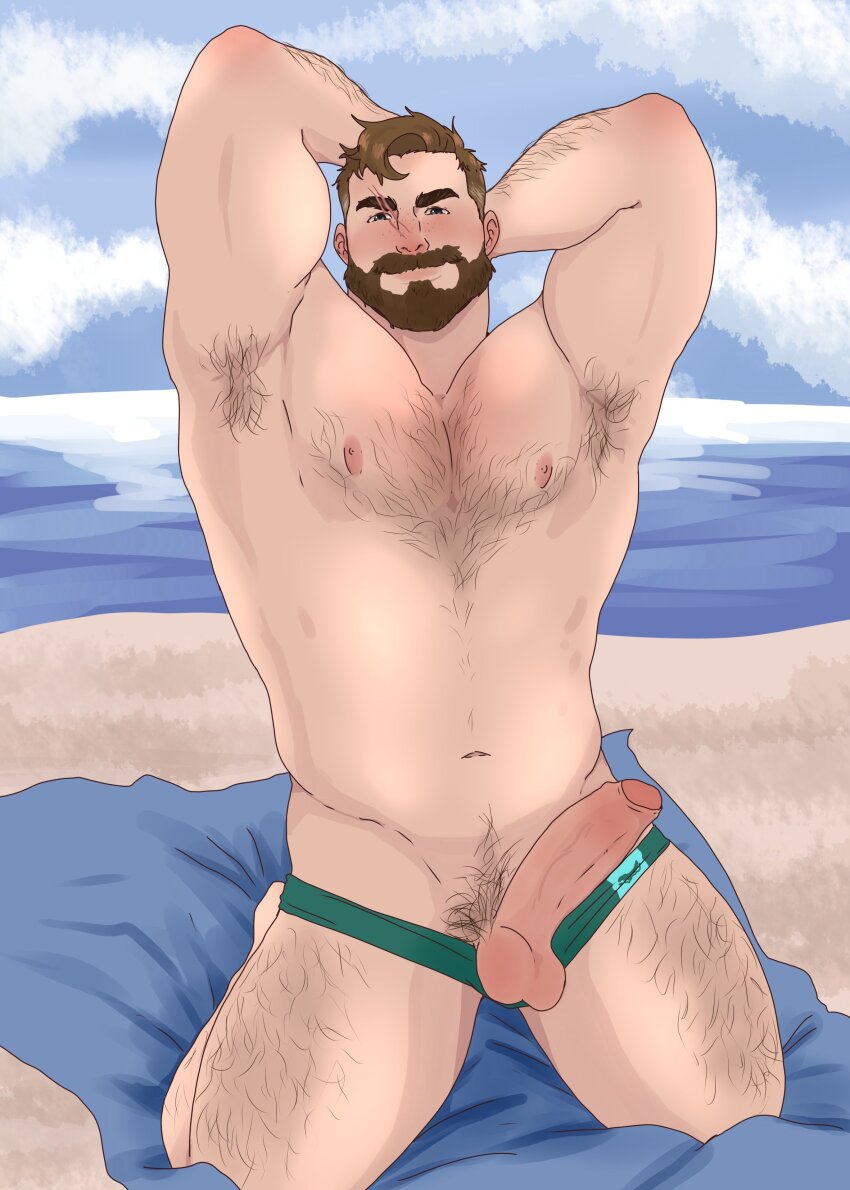 1boy absurdres arm_hair armpit_hair arms_behind_head bara beach beard brown_hair chest_hair coral_island erection facial_hair full_beard hairy highres kneeling large_pectorals leg_hair looking_at_viewer male_focus male_swimwear_aside mark_(coral_island) muscular muscular_male navel nipples pectorals penis short_hair smile solo sparse_chest_hair stomach testicles thick_beard thick_leg_hair thick_thighs thighs topless_male uncensored wickedsturdy
