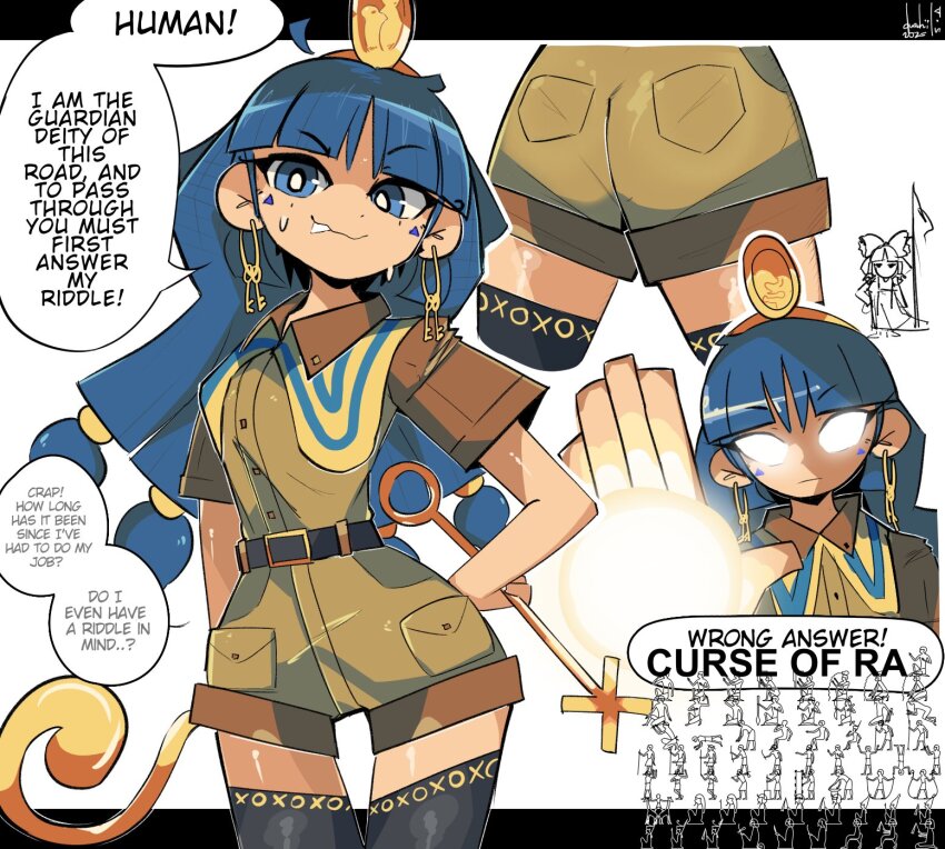 2girls ass belt biden_blast_(meme) black_thighhighs blue_eyes blue_hair brown_belt brown_shirt brown_shorts closed_mouth collared_shirt dushiido earrings egypt facial_tattoo gold_buckle gold_earrings gold_hairband gold_headwear hairband hakurei_reimu highres holding holding_polearm holding_weapon jewelry key key_earrings long_hair meme michigami_nareko multiple_girls polearm scepter shirt short_sleeves shorts smile tattoo thighhighs touhou weapon