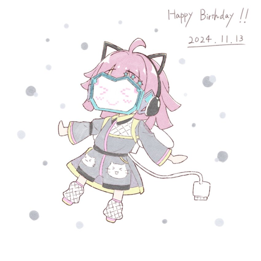 &gt;_&lt; 1girl ahoge amano_tatsu blunt_bangs blunt_ends blush closed_mouth coat collared_jumpsuit commentary_request dated deformed dot-matrix grey_coat grey_jumpsuit happy_birthday highres jumpsuit kishimen_hair long_sleeves love_live! love_live!_nijigasaki_high_school_idol_club masked mechanical_tail medium_hair official_alternate_costume pink_hair rina-chan_board smile solo tail tennoji_rina tsunagaru_connect_(love_live!) white_background