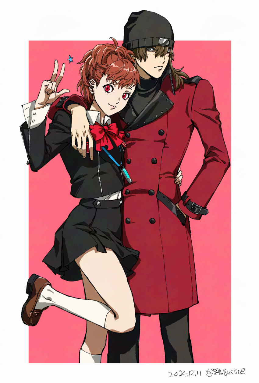 1boy 1girl 2024 aragaki_shinjirou arm_around_neck arm_around_waist black_hat black_jacket black_skirt border brown_hair brown_shoes closed_mouth coat collared_shirt dated gekkoukan_high_school_uniform hand_in_pocket hat highres iemyas9 jacket kneehighs leg_up loafers long_sleeves miniskirt persona persona_3 persona_3_portable red_coat red_eyes school_uniform shiomi_kotone shirt shoes short_hair skirt smile socks standing standing_on_one_leg twitter_username w white_border white_shirt white_socks wing_collar