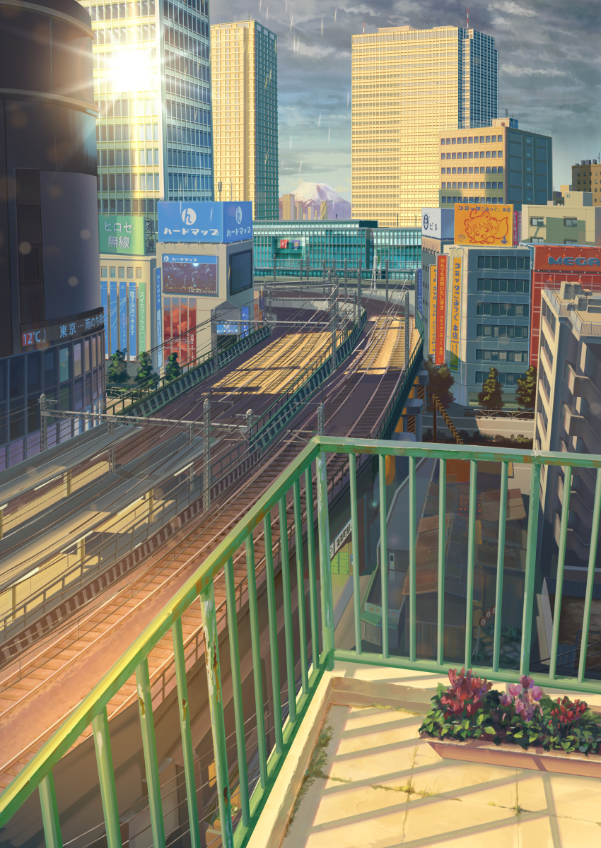 absurdres bad_id bad_pixiv_id billboard building cityscape flower_box gingham_vest glint grey_sky highres outdoors railing railroad_tracks rain road shadow sky skyscraper tenki_no_ko tokyo_(city) train_station
