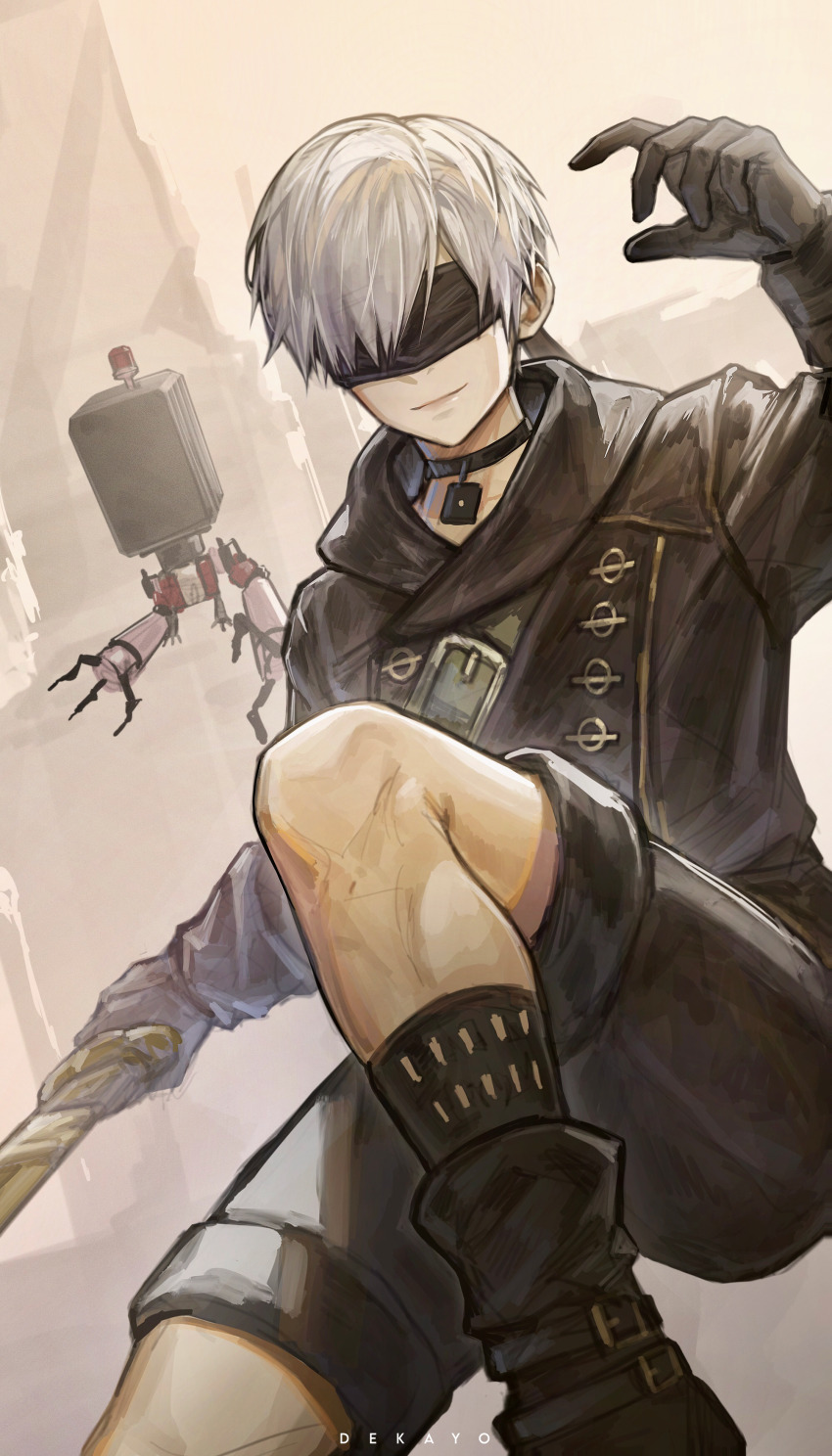 1boy 9s_(nier:automata) absurdres black_coat black_gloves blindfold choker coat deka_yo from_below gloves highres male_focus nier:automata nier_(series) pod_(nier:automata) short_hair shorts smile solo sword weapon white_hair