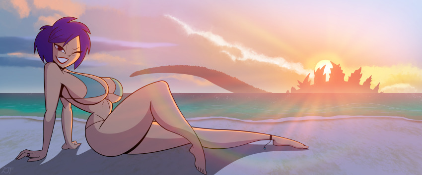 1girl ;) absurdres atari beach bikini breasts come_hither curvy dinosaur dusk giant giant_monster godzilla godzilla:_domination godzilla_(series) highres kaiju large_breasts lipstick makeup matsu_connie monster ocean one_eye_closed outdoors pipeworks purple_hair rustysh4ckl3frd sea_monster short_hair smile spikes sun sunlight sunset swimsuit tail toho water wayforward wink