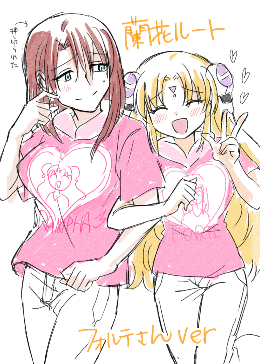 2girls blonde_hair blush closed_eyes facial_mark forte_stollen galaxy_angel hairpods highres kitaru locked_arms long_hair matching_outfits multiple_girls open_mouth pink_shirt ranpha_franboise red_hair shirt short_sleeves translation_request v yuri