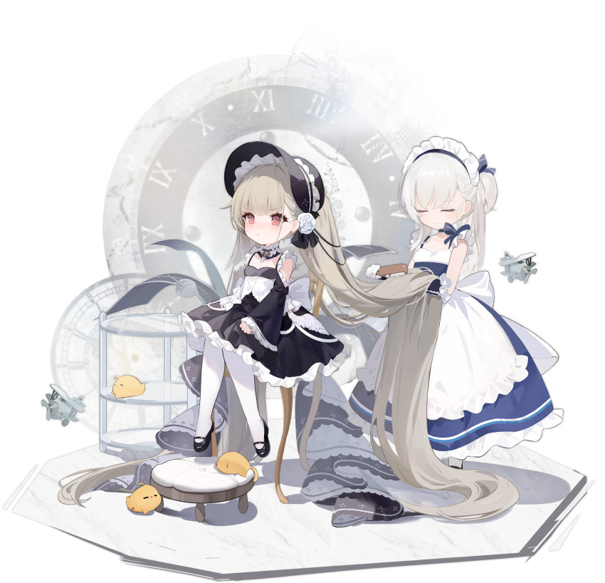 2girls absurdly_long_hair aircraft alarm_clock apron azur_lane black_dress blue_dress bonnet brushing_hair clock closed_eyes closed_mouth cup dress drinking_glass drinking_straw flight_deck flower frown hair_flower hair_ornament hair_spread_out highres kincora light_brown_hair light_smile little_bel_(azur_lane) little_formidable_(azur_lane) long_hair maid maid_apron maid_headdress manjuu_(azur_lane) multiple_girls official_art pantyhose red_eyes royal_navy_emblem_(azur_lane) ship_turret sitting smile standing transparent_background twintails very_long_hair white_hair white_pantyhose