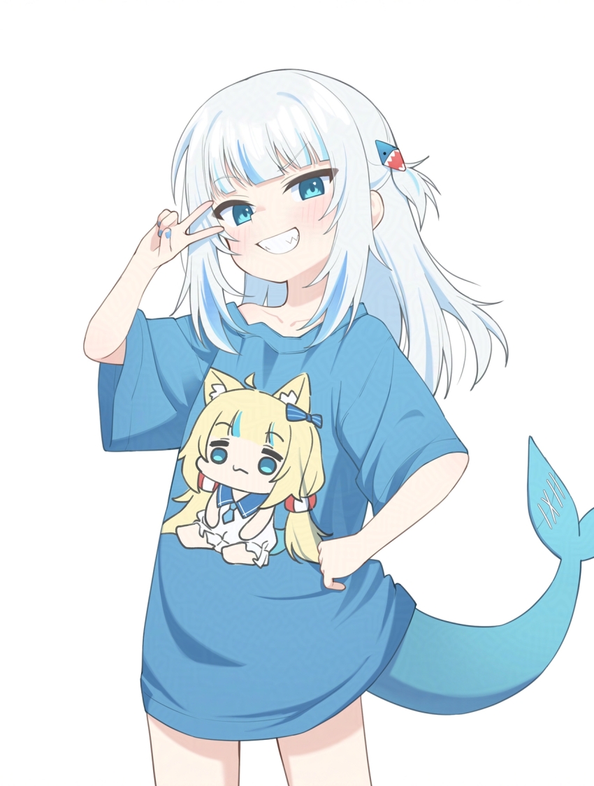 1girl alternate_costume blue_eyes blue_hair blue_nails blue_shirt blunt_bangs character_print clenched_teeth cowboy_shot fins fish_tail gawr_gura grey_hair grin hair_ornament hand_on_own_hip hand_up hands_on_own_hips highres hololive hololive_english indie_virtual_youtuber long_hair looking_at_viewer multicolored_hair nail_polish oversized_clothes oversized_shirt sameko_saba shark_girl shark_tail sharp_teeth shirt short_sleeves simple_background smile solo streaked_hair t-shirt tail teeth two_side_up ugaaaa1 v v_over_eye virtual_youtuber voice_actor_connection white_background white_hair