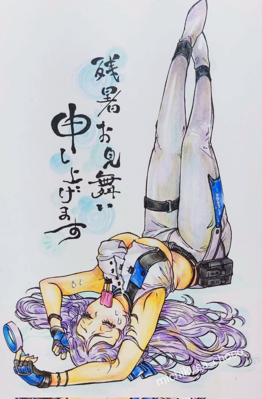 1girl artist_name belt_pouch black_gloves bladeless_fan blue_bow blue_gloves bow breasts closed_eyes colored_pencil_(medium) cropped_shirt fingerless_gloves folkwang_(nikke) food food_in_mouth gloves goddess_of_victory:_nikke hair_bow highres large_breasts legs_up light_purple_hair long_hair lying michikusa_choco mouth_hold no_bra on_back pants popsicle pouch shirt sleeveless sleeveless_shirt solo sweat traditional_media two-tone_gloves underboob white_footwear white_pants