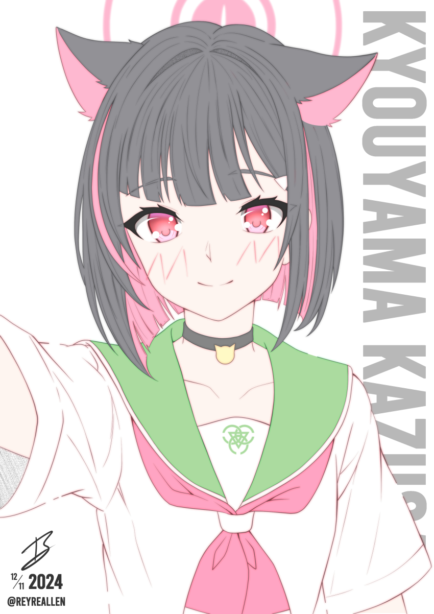 1girl absurdres adapted_costume animal_ears black_choker black_hair blue_archive blunt_bangs blunt_ends blush bob_cut bright_pupils cat_choker cat_ears cat_girl character_name choker closed_mouth colored_inner_animal_ears colored_inner_hair commentary english_commentary extra_ears eyelashes green_sailor_collar halo hand_up highres kazusa_(blue_archive) multicolored_hair neckerchief pink_hair pink_halo pink_neckerchief realen red_eyes sailor_collar school_uniform serafuku shirt short_hair short_sleeves signature simple_background smile solo split_mouth straight_hair twitter_username two-tone_hair upper_body white_background white_shirt