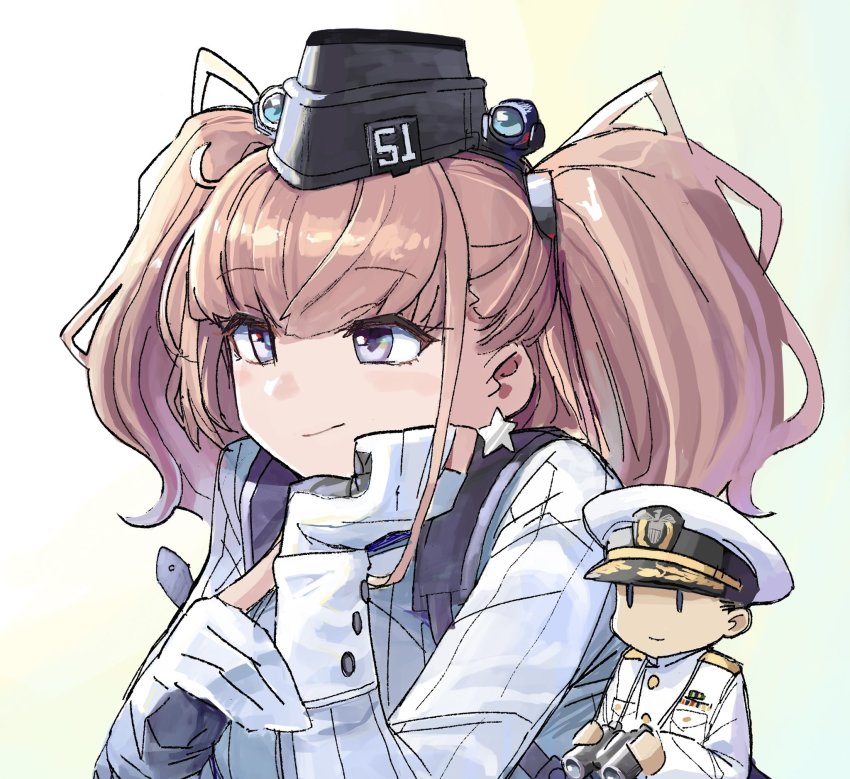 1boy 1girl admiral_(kancolle) atlanta_(kancolle) binoculars black_hair black_headwear brown_hair closed_mouth collared_shirt earrings garrison_cap gloves grey_eyes hat highres holding holding_binoculars jewelry kantai_collection long_hair long_sleeves military military_uniform mizoki_kei naval_uniform partially_fingerless_gloves peaked_cap shirt short_hair single_earring smile star_(symbol) star_earrings two_side_up white_headwear white_shirt