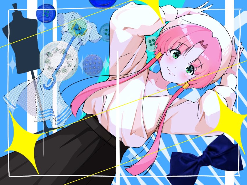 1girl alternate_costume andanden aria_(manga) arms_up black_skirt blue_background blush closed_mouth collarbone commentary cowboy_shot dutch_angle english_commentary green_eyes hair_ornament hair_tubes hands_on_own_head hat high-waist_skirt highres long_sleeves looking_at_viewer mizunashi_akari parted_bangs pink_hair pleated_skirt short_hair_with_long_locks skirt smile solo white_hat