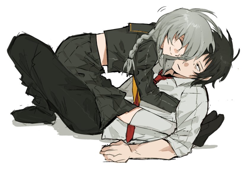 1boy 1girl adachi_tooru beji1xtz black_socks braid genderswap girl_on_top grey_hair hetero highres hug looking_at_another lying narukami_yu on_back on_floor persona persona_4 school_uniform shirt sleeves_past_wrists socks twin_braids white_shirt yasogami_school_uniform