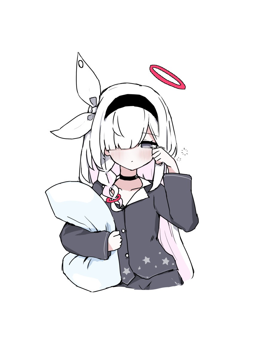 1girl absurdres black_hairband black_pajamas black_pants black_shirt blue_archive blush braid closed_mouth grey_eyes hair_over_one_eye hair_over_shoulder hair_ribbon hairband highres holding holding_pillow long_hair pajamas pants pillow plana_(blue_archive) pueichigo ribbon rubbing_eyes shirt sidelocks single_braid smile upper_body white_hair white_ribbon