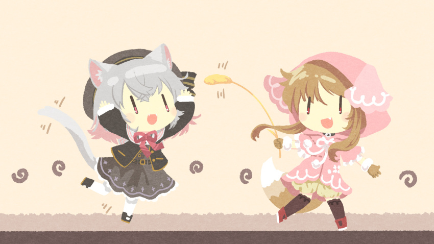 2girls akihiyo animal_ears arms_up beret black_dress black_headwear black_jacket black_thighhighs brown_background brown_hair brown_shorts cat_ears cat_girl cat_tail cat_teaser chibi colored_inner_hair commentary_request drawstring dress fang fangs grey_hair hat highres hood hood_up hoodie jacket medium_hair multicolored_hair multiple_girls neck_ribbon open_clothes open_jacket ouka_miko pantyhose pink_eyes pink_hair pink_hoodie playing puffy_shorts red_eyes red_ribbon ribbon running sayo_(voicevox) shorts sidelocks swirl tail thighhighs tied_drawstring utau voicevox white_pantyhose wolf_girl wolf_tail |_|