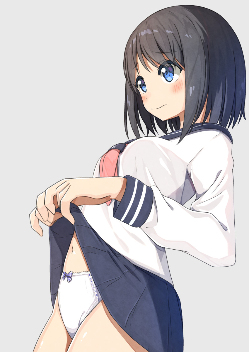 1girl absurdres black_hair blue_eyes blue_skirt bow bow_panties breasts closed_mouth clothes_lift cowboy_shot grey_background highres lifting_own_clothes long_sleeves medium_hair negimiso1989 original panties school_uniform serafuku shirt simple_background skirt skirt_lift solo underwear white_panties white_shirt