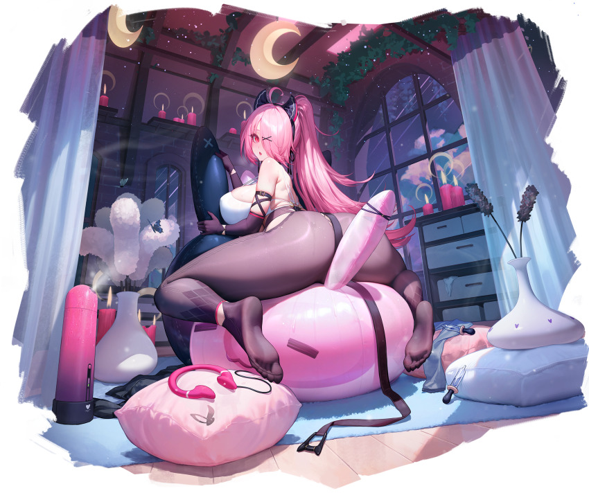 1girl absurdres ass bare_back bare_shoulders black_gloves black_pantyhose breasts character_request crosscore elbow_gloves feet flower gloves hair_over_one_eye hair_ribbon highres huge_breasts long_hair looking_at_viewer looking_back no_shoes official_art one_eye_covered pantyhose pillow pink_hair ponytail red_eyes ribbon sitting soles toes