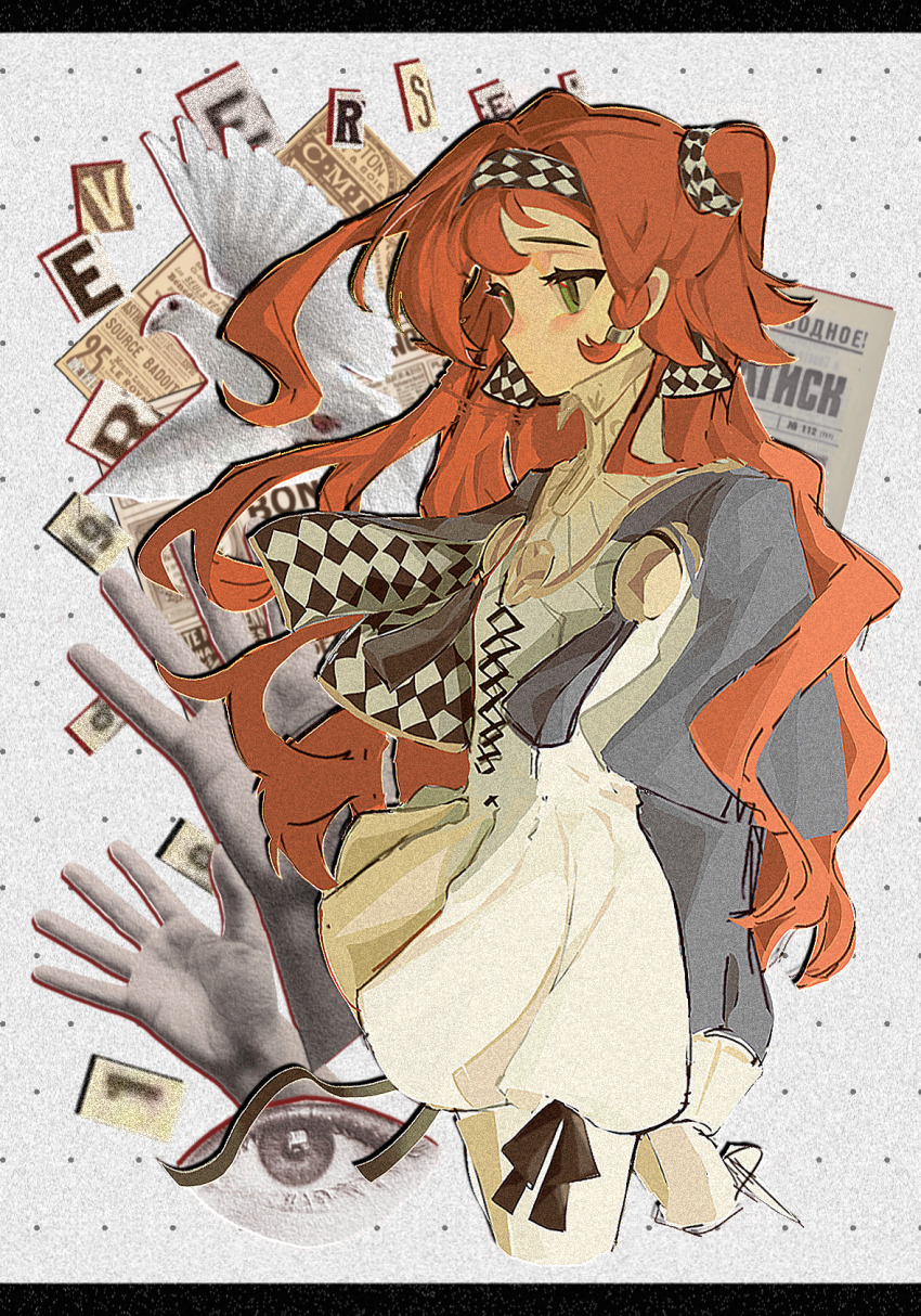 1girl bird checkered_hairband collage collared_dress cowboy_shot cropped_legs disembodied_hand dove dress film_grain from_side green_eyes grey_background grey_cloak grey_sleeves hairband high_collar highres letterboxed long_hair luanbu newspaper orange_hair pants pants_under_dress pop_art profile reverse:1999 short_dress solo sonetto_(reverse:1999) two_side_up very_long_hair white_dress white_pants