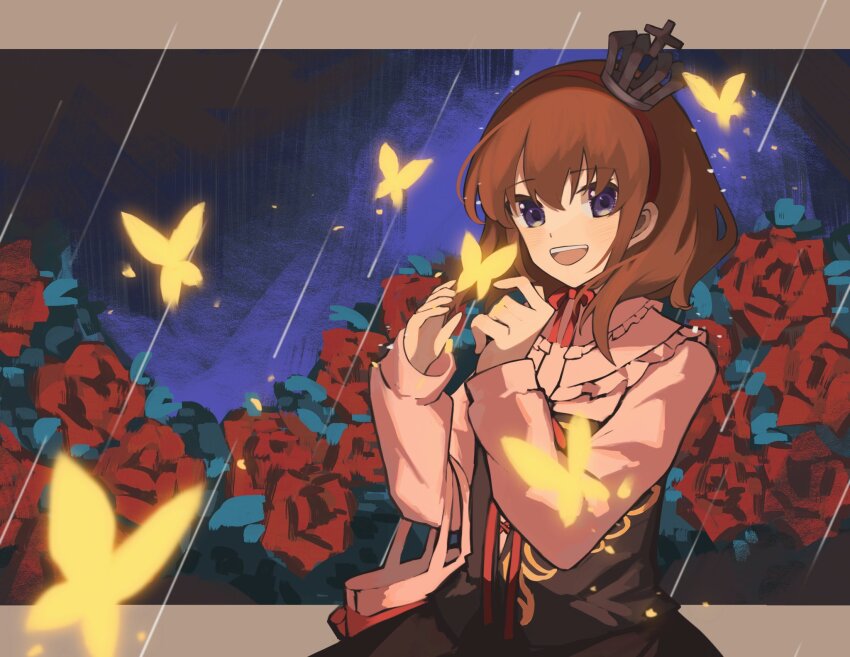 1girl bag black_dress blue_eyes brown_hair bug butterfly child crown dress field flower flower_field hashtag-only_commentary highres holding holding_bag holding_butterfly insect kenakenaww looking_to_the_side multicolored_dress night night_sky open_mouth pink_bag pink_dress rain red_flower red_ribbon ribbon short_hair sky smile solo teeth umineko_no_naku_koro_ni upper_teeth_only ushiromiya_maria
