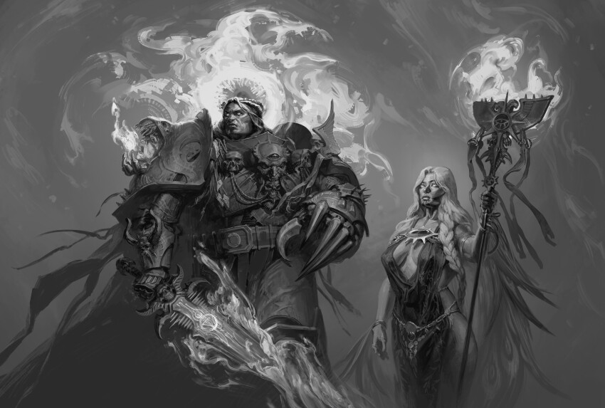 1boy 1girl absurdres armlet armor black_dress black_hair blonde_hair bracelet braid breasts chaos_(warhammer) clawed_gauntlets dress emperor&#039;s_sword emperor_of_mankind erda_(warhammer_40k) facial_mark fire flaming_sword flaming_weapon gauntlets glowing glowing_eyes greyscale halo headpiece heresy highres holding holding_staff holding_sword holding_weapon imperial_aquila jewelry large_breasts lironka25 monochrome ornate_armor power_armor single_gauntlet skull skull_ornament spiked_armor staff sword warhammer_40k weapon