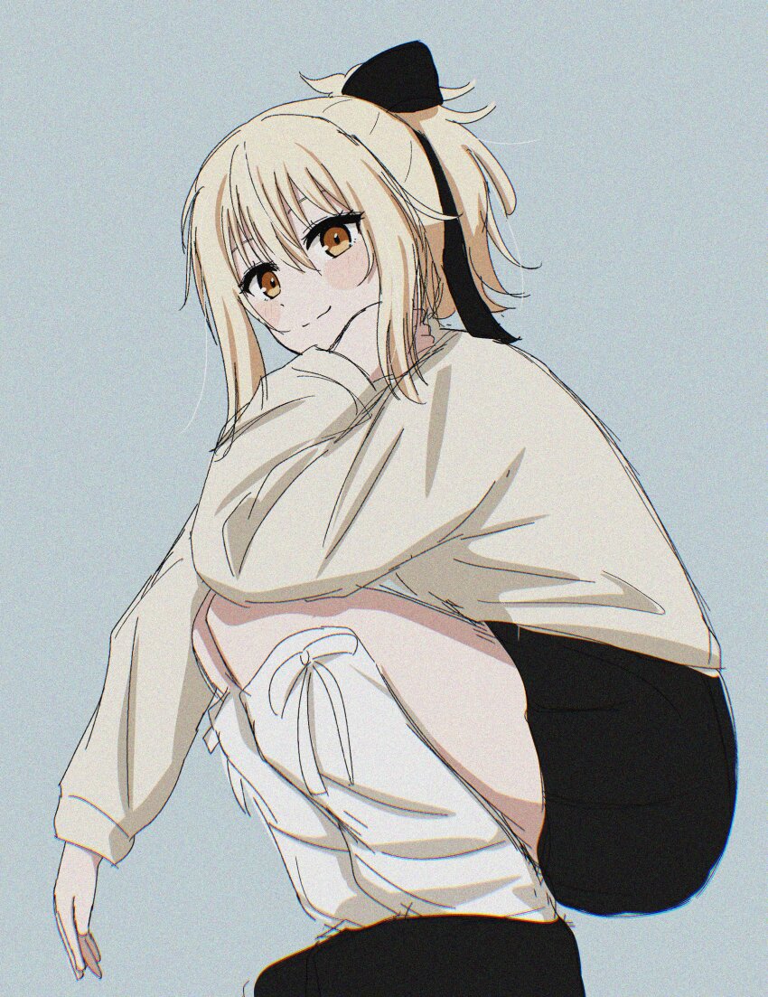 1girl absurdres black_ribbon black_shoes black_skirt blonde_hair closed_mouth full_body grey_background hair_ribbon highres hiiragi_(67snkt) long_sidelocks long_sleeves looking_at_viewer love_live! love_live!_nijigasaki_high_school_idol_club medium_hair miniskirt miyashita_ai orange_eyes ponytail ribbon ribbon_legwear shirt shoes sidelocks simple_background skirt smile socks solo split_mouth squatting white_shirt white_socks