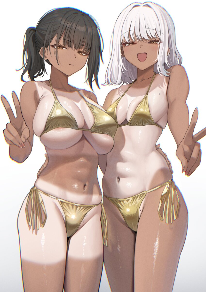 2girls absurdres areola_slip arm_around_waist armpit_crease bikini black_hair blunt_bangs breasts cleavage closed_mouth cowboy_shot female_pubic_hair golden_week_bikini highres large_breasts looking_at_viewer mole mole_on_breast mole_under_eye multiple_girls navel one-piece_tan open_mouth orange_eyes original ponytail pubic_hair pubic_hair_peek ramanda shirt_tan short_hair shorts_tan side-tie_bikini_bottom simple_background small_breasts standing swept_bangs swimsuit tan tanline v white_background white_hair