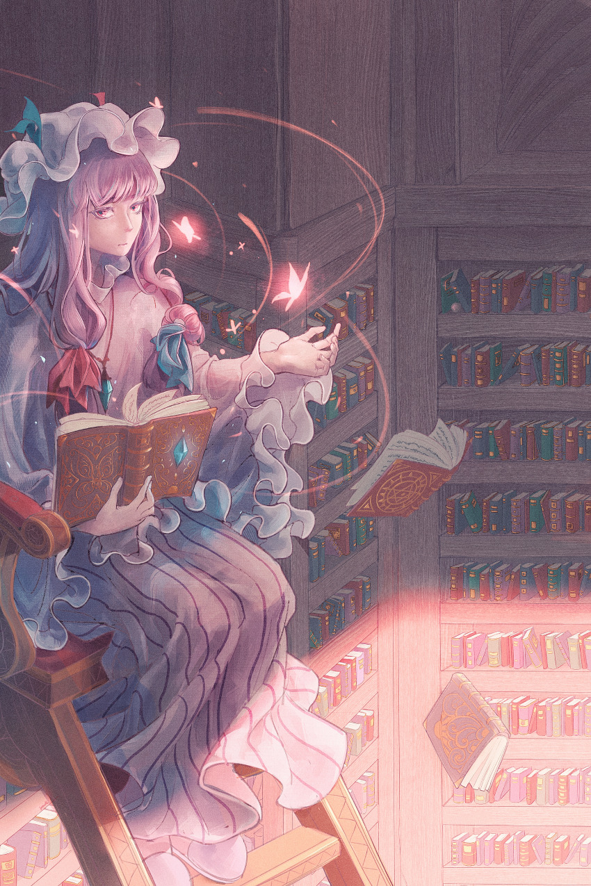 1girl absurdres blue_bow book bookshelf bow bug butterfly closed_mouth dress full_body glowing_butterfly hair_bow hat highres holding holding_book indoors insect library long_dress long_hair long_sleeves looking_at_viewer mob_cap patchouli_knowledge pink_dress pink_hat purple_eyes purple_hair red_bow solo somayumi striped_clothes striped_dress touhou vertical-striped_clothes vertical-striped_dress wide_sleeves