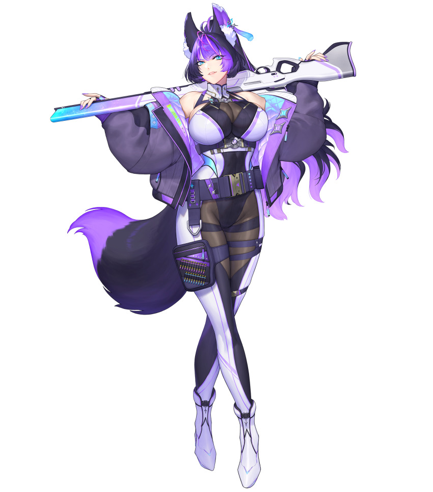 1girl absurdres animal_ear_fluff animal_ears azeria_eve azusa_(hws) blue_eyes bodysuit breasts colored_inner_hair fox_ears fox_girl fox_tail full_body gun highres holding holding_gun holding_weapon jacket large_breasts lips long_sleeves multicolored_hair official_art open_clothes open_jacket pink_hair puffy_long_sleeves puffy_sleeves purple_hair purple_jacket shoes simple_background solo specialite_(company) specialite_en tachi-e tail transparent_background weapon white_shoes
