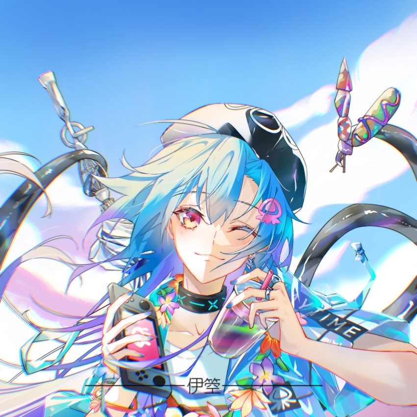 1boy arknights beret black_hat blue_hair blue_jacket blue_nails blue_sky collarbone commentary_request cup day disposable_cup drinking_straw hair_between_eyes hair_ornament handheld_game_console hat head_tilt highres holding holding_cup jacket long_hair looking_at_viewer male_focus mizuki_(arknights) mizuki_(summer_feast)_(arknights) nail_polish official_alternate_costume open_clothes open_jacket outdoors purple_eyes shirt short_sleeves sky solo tentacles upper_body white_shirt wqzy380