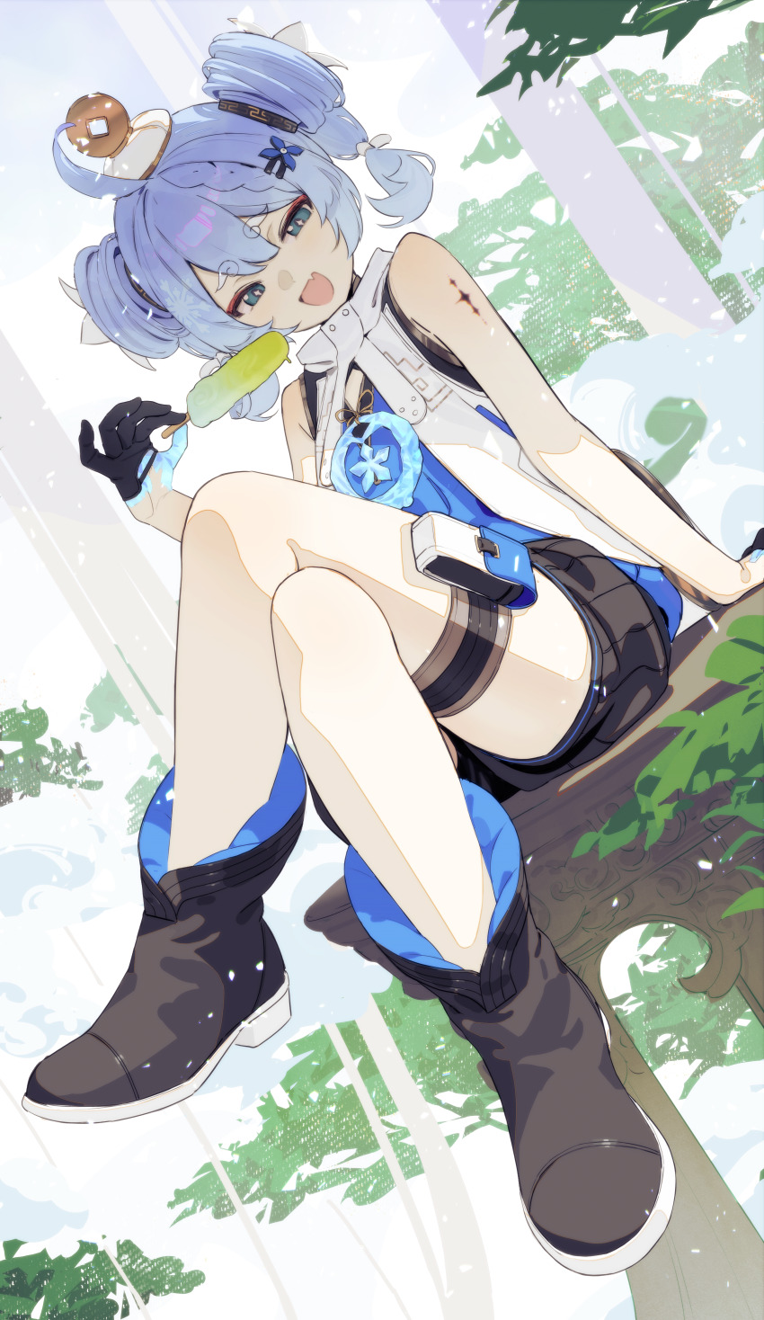 1girl absurdres black_boots black_gloves blue_eyes blue_hair blue_hands boots coin coin_hat_ornament commentary_request crossed_legs curly_eyebrows fang food gloves hair_ornament hair_ribbon hairclip hat hat_ornament highres holed_coin looking_at_viewer open_mouth partially_fingerless_gloves popsicle ribbon sitting skin_fang sleeveless solo songchuan_li tacet_mark_(wuthering_waves) thigh_strap tree white_ribbon wuthering_waves youhu_(wuthering_waves)