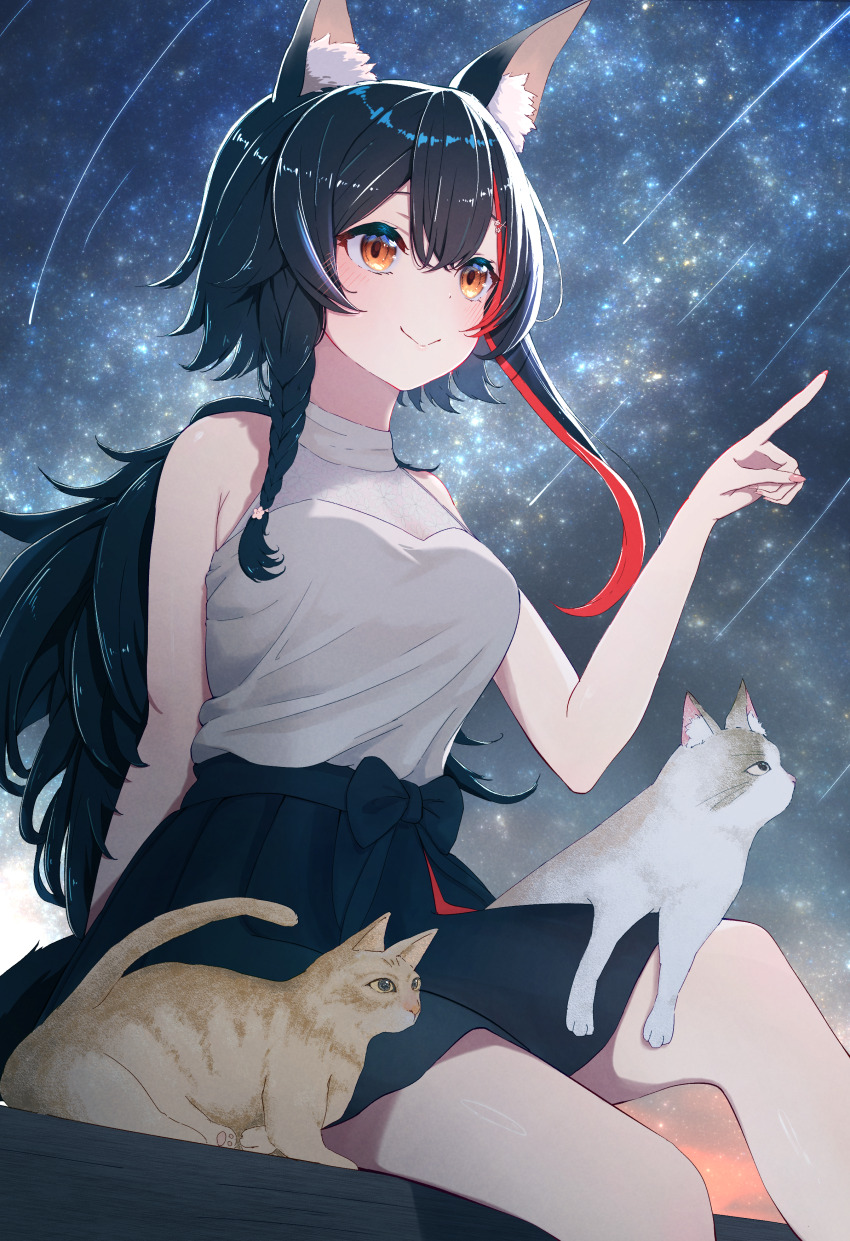 1girl absurdres animal_ear_fluff animal_ears bare_arms black_hair black_skirt bow braid closed_mouth commentary_request double-parted_bangs hair_between_eyes hair_ornament hairclip halter_shirt halterneck high-waist_skirt highres hihi_(oekakihix) hololive long_hair low_ponytail meteor_shower miniskirt multicolored_hair night night_sky official_alternate_costume ookami_mio ookami_mio_(street) outdoors pointing ponytail red_hair shirt shirt_tucked_in side_braid sidelocks single_braid sitting skirt sky sleeveless sleeveless_shirt smile solo star_(sky) starry_sky streaked_hair taiga_(ookami_mio) tail tawa_(ookami_mio) very_long_hair virtual_youtuber waist_bow white_shirt wolf_ears wolf_girl wolf_tail x_hair_ornament yellow_eyes