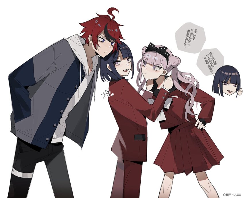 ahoge black_hair brother_and_sister chinese_text hand_on_own_hip height_difference highres looking_at_another looking_back messy_hair multicolored_hair open_mouth pink_eyes pink_hair red_hair red_shirt red_skirt shirt siblings skirt sumino_takumi teeth the_hundred_line_-last_defense_academy- translation_request tsukumo_ima tsukumo_kako turning_head twins twintails upper_teeth_only white_background