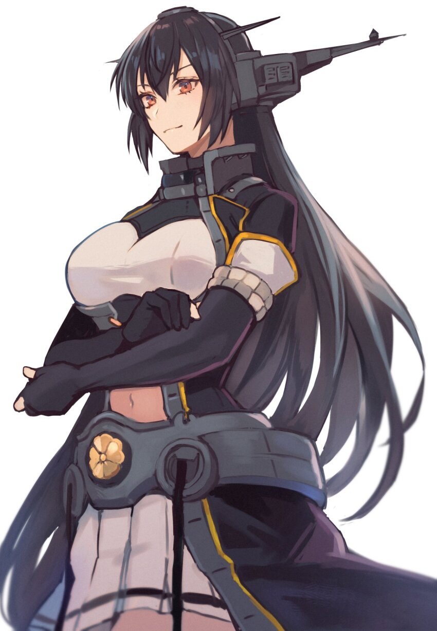 1girl black_hair breasts coat gloves hair_between_eyes highres kantai_collection kasumi_(skchkko) large_breasts long_hair looking_at_viewer midriff midriff_peek nagato_(kancolle) nagato_kai_ni_(kancolle) pleated_skirt red_eyes sakuramon simple_background skirt smile solo white_background white_skirt