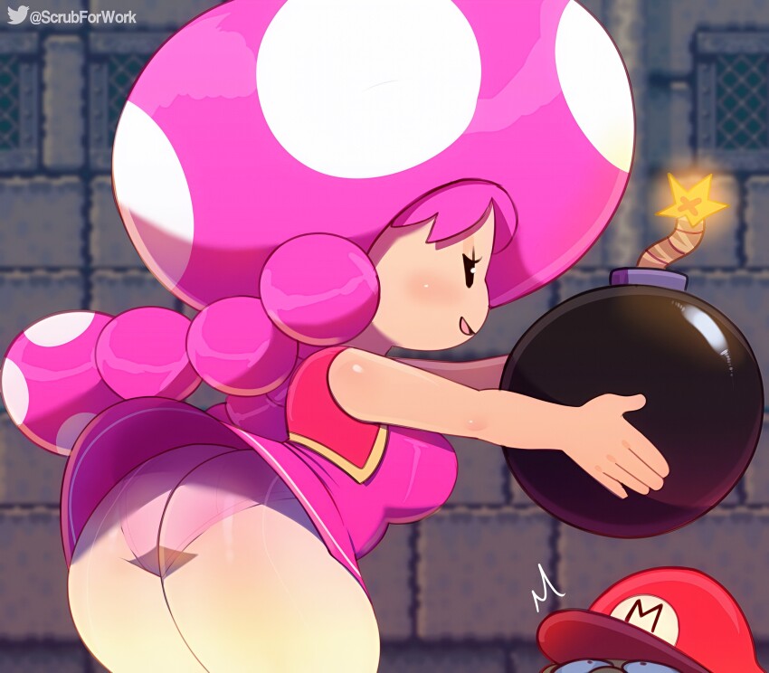 1boy 1girl ass black_eyes blush bomb breasts cowboy_shot dress_shirt explosive female_focus half-closed_eyes highres huge_ass large_breasts mario mario_(series) medium_breasts mushroom nintendo no_nose open_mouth panties pink_hair pink_panties plump red_vest shirt shortstack sideboob somescrub super_mario_maker_2 super_mario_world thick_thighs thighs toadette twintails underwear upskirt vest wide_hips