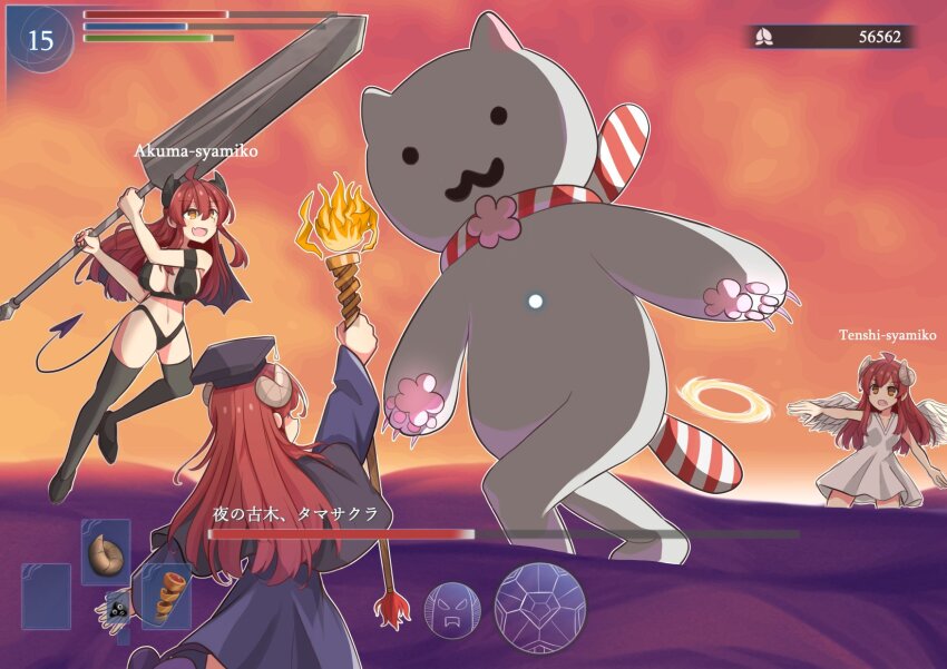 3girls :3 :d ahoge ame_(no_hi_no)_mori angel angel_wings bare_arms bat_wings black_robe black_shoes black_thighhighs breasts brown_eyes character_name claws commentary curled_horns dark_souls_(series) demon_girl demon_tail dress fang hair_between_eyes hat health_bar highres horns huge_weapon large_breasts long_hair long_sleeves machikado_mazoku mortarboard multiple_girls multiple_persona open_mouth parody red_hair robe romaji_text shoes skin_fang sleeveless sleeveless_dress smile tail tamasakura-chan thighhighs weapon white_dress wings yoshida_yuuko_(machikado_mazoku)