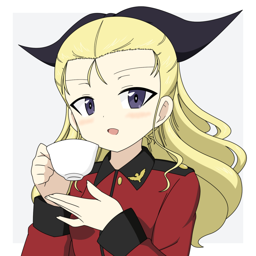 1girl assam_(girls_und_panzer) black_ribbon blonde_hair blue_eyes cup girls_und_panzer grey_background hair_pulled_back hair_ribbon highres holding holding_cup ichinose_jun jacket long_hair long_sleeves looking_at_viewer military_uniform open_mouth red_jacket ribbon simple_background smile solo st._gloriana&#039;s_military_uniform teacup upper_body