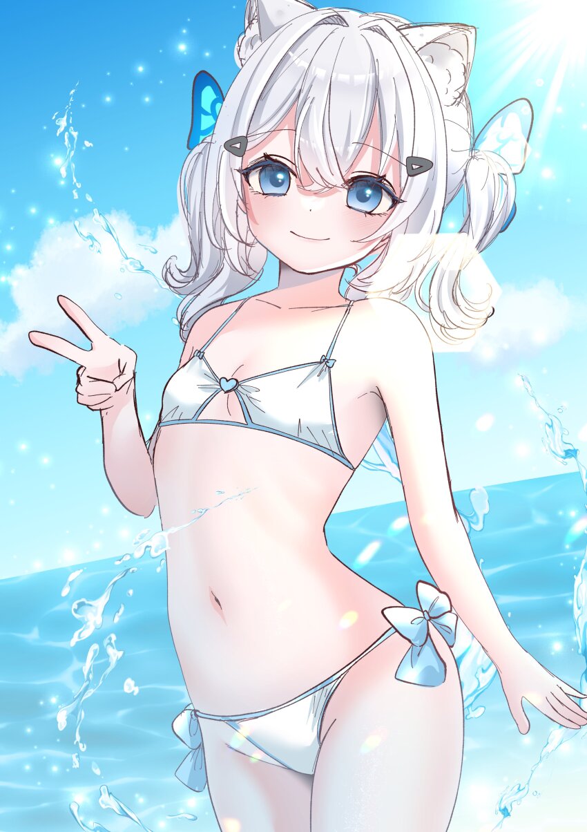 1girl absurdres animal_ears bare_shoulders bikini blue_eyes blush breasts cleavage closed_mouth collarbone day goddess_of_victory:_nikke hair_between_eyes hair_intakes hair_ornament hairclip hami_ririsu highres long_hair n102_(miracle_fairy)_(nikke) n102_(nikke) navel ocean ribbon-trimmed_bikini ribbon_trim short_twintails side-tie_bikini_bottom small_breasts smile solo sun swimsuit twintails v wading water white_bikini white_hair