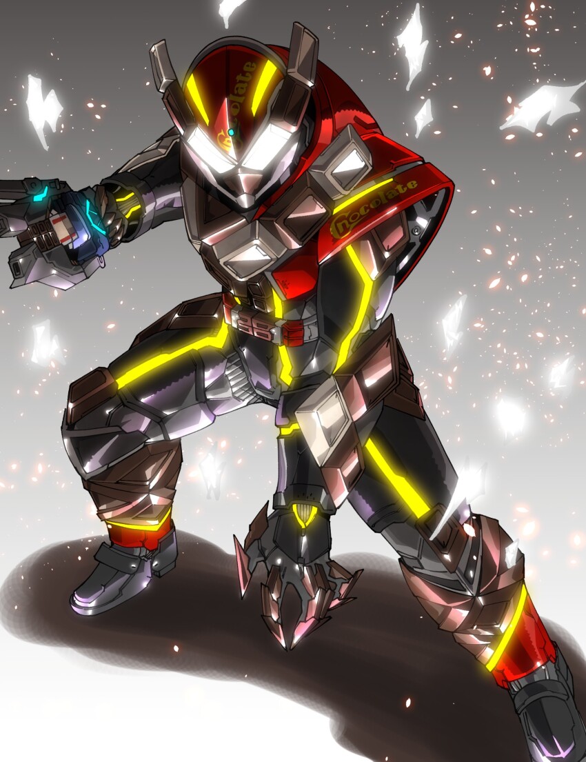 1boy amakawa_mayu armor brown_armor chocodon_(white_chocolate) chocodon_gochizou chocolate energy_gun gloves gun highres holding holding_gun holding_weapon kamen_rider kamen_rider_gavv_(series) kamen_rider_valen looking_at_viewer simple_background tokusatsu valenbuster weapon white_eyes