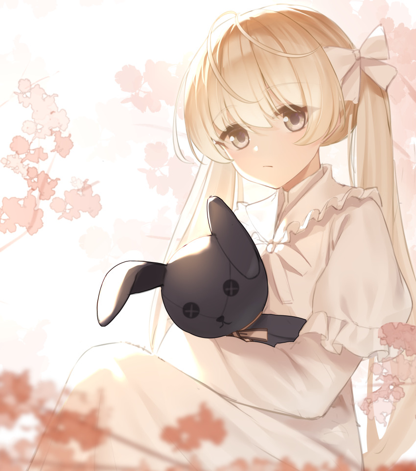 1girl absurdres ahoge commentary_request doll dress grey_eyes grey_hair hair_ribbon highres hugging_doll hugging_object kasugano_sora long_dress looking_at_viewer ribbon sitting solo stuffed_animal stuffed_rabbit stuffed_toy white_dress wlswlp yosuga_no_sora