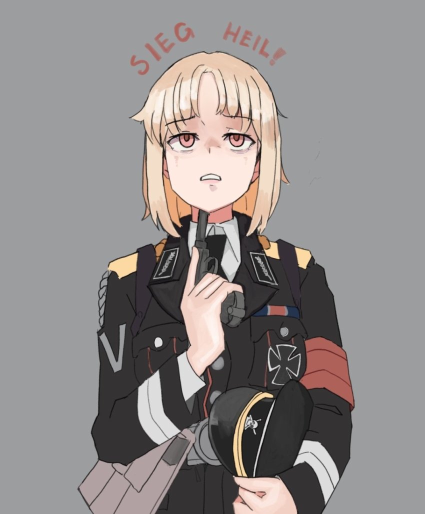 ammunition_pouch armband black_hat blonde_hair cap cross german_text girls&#039;_frontline gun handgun hat highres holding holding_unworn_clothes holding_unworn_hat iron_cross magazine_(weapon) military_dress_uniform military_uniform mp40_(girls&#039;_frontline) nazi necktie parted_lips pouch red_eyes short_hair suicide teeth trigger_discipline unworn_hat unworn_headwear walther walther_p38 wani_(perfect_han) weapon