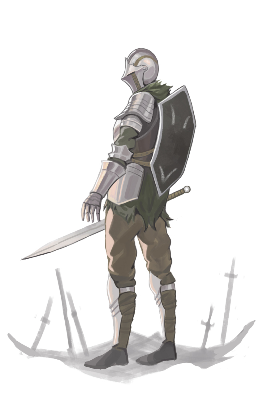 1other ambiguous_gender armor armored_boots ashen_one_(dark_souls) boots brown_pants commentary_request dark_souls_(series) dark_souls_iii full_body gauntlets green_shirt highres holding holding_sword holding_weapon knight krishi_wong other_focus pants pauldrons planted planted_sword planted_weapon shield shield_on_back shirt shoulder_armor simple_background solo standing sword weapon white_background