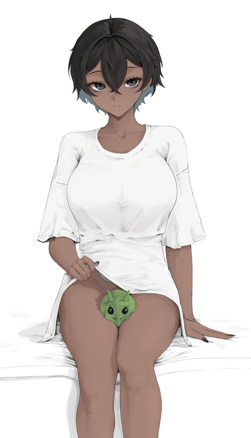 1girl absurdres black_eyes black_hair black_nails bottomless bracelet breasts clothes_lift collarbone convenient_censoring dark-skinned_female dark_skin feet_out_of_frame fingernails hair_between_eyes highres jewelry ku_(kuchurage) large_breasts lifting_own_clothes looking_at_viewer mole mole_under_eye mole_under_mouth original oversized_clothes oversized_shirt shirt shirt_lift short_hair short_sleeves sitting solo stuffed_toy tomboy toy_dinosaur white_background white_shirt