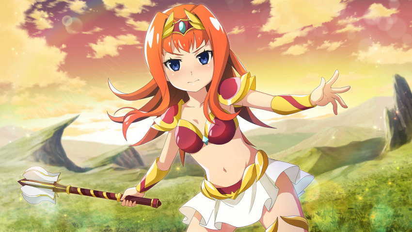 1girl armor axe bikini_armor blue_eyes closed_mouth cowboy_shot evening flipped_hair floating_hair game_cg hair_intakes highres higurashi_no_naku_koro_ni higurashi_no_naku_koro_ni_mei holding holding_axe houtani_nao lens_flare long_hair looking_at_viewer miniskirt mountain navel non-web_source official_art on_grass orange_hair orange_sky outdoors outstretched_arms red_armor shoulder_armor skirt sky solo standing v-shaped_eyebrows white_skirt