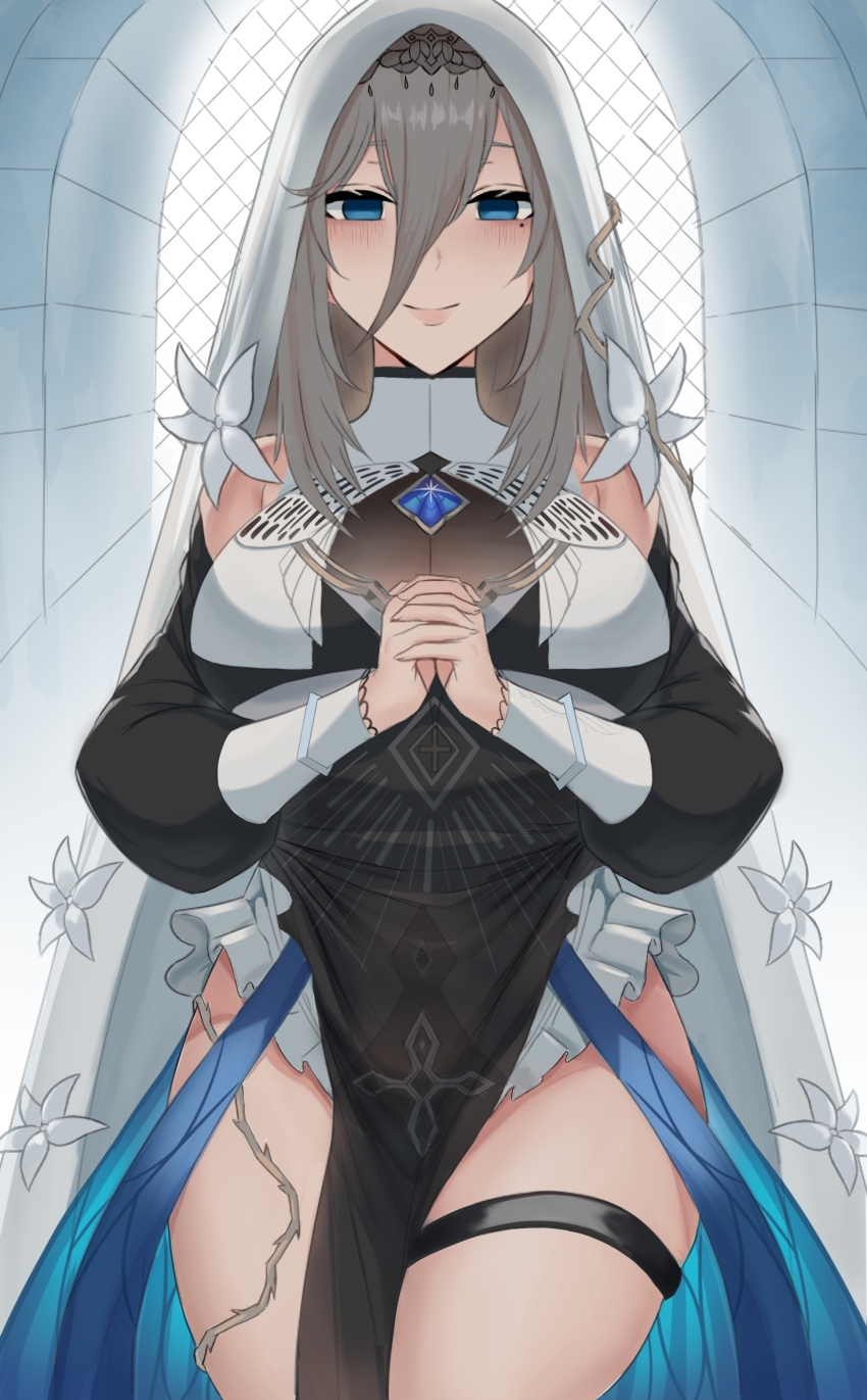 1girl aponia_(honkai_impact) black_dress blonde_hair blue_eyes breasts commentary_request cowboy_shot dress hair_between_eyes highres honkai_(series) honkai_impact_3rd indoors large_breasts looking_at_viewer medium_hair micchan_(micchanmeido) mole mole_under_eye nun pelvic_curtain smile solo thigh_strap thighs veil white_veil