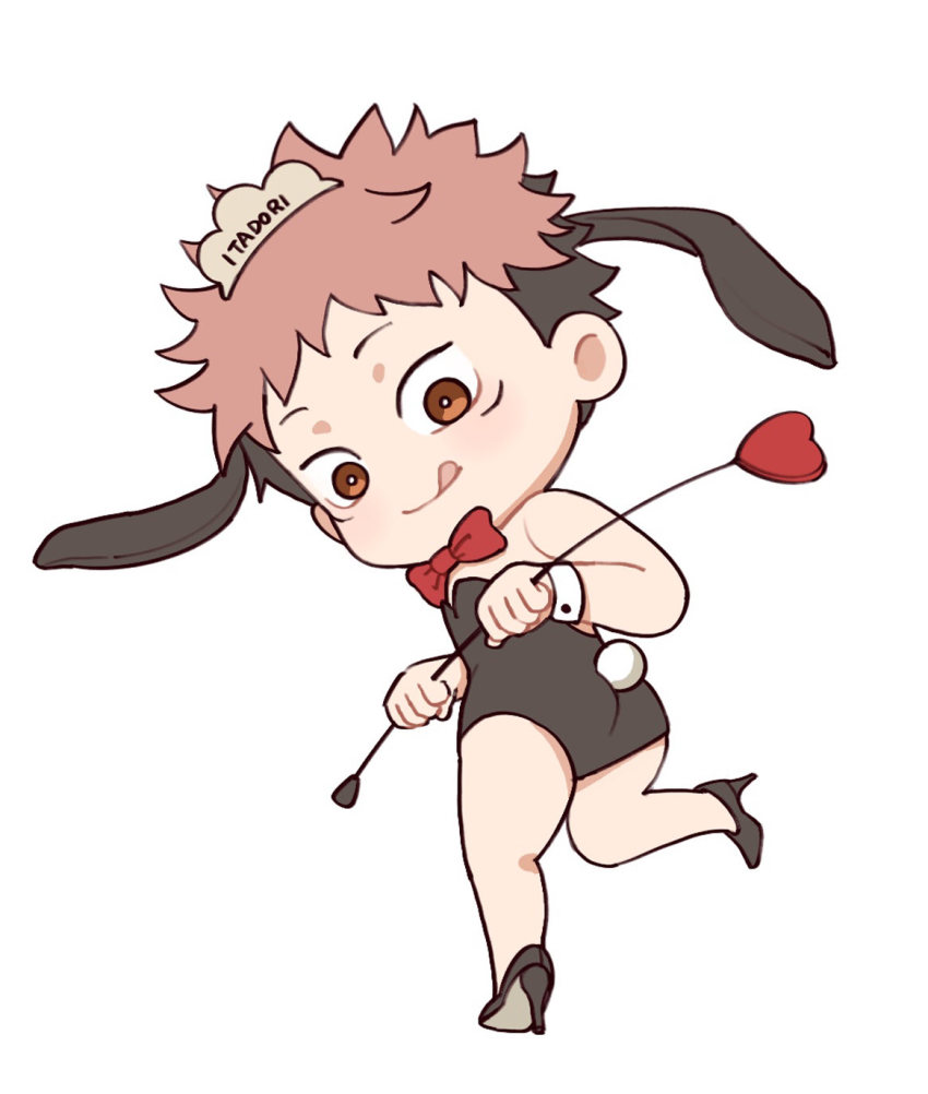 1boy animal_ears arrow_(projectile) ass black_footwear black_hair black_leotard bow bowtie brown_eyes character_name chibi closed_mouth crossdressing crossdressing_(mtf) fake_animal_ears fake_tail full_body high_heels highres holding holding_arrow itadori_yuuji jujutsu_kaisen leotard licking_lips looking_at_viewer male_focus male_playboy_bunny pink_hair rabbit_tail red_bow red_bowtie short_hair simple_background smile solo spiked_hair standing standing_on_one_leg strapless strapless_leotard tail tongue tongue_out tootigee traditional_bowtie undercut white_background wrist_cuffs