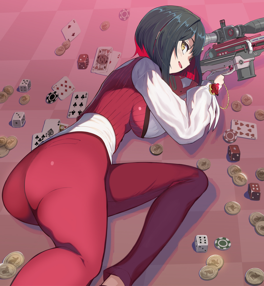 1girl ass black_hair blush breasts card colored_inner_hair dice from_behind goddess_of_victory:_nikke gun high-waist_pants highres holding holding_weapon large_breasts looking_at_viewer looking_back lying multicolored_hair on_side pants playing_card poker_chip red_hair red_pants red_shirt rifle rouge_(nikke) shirt short_hair smile sniper_rifle solo syope weapon yellow_eyes